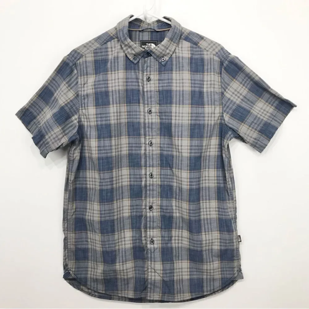 The North Face Blue Tan Plaid Short Sleeve Casual Button Down Performance Shirt